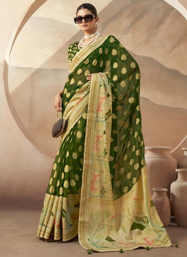 Georgette Green Ceremonial Wear Weaving  Saree